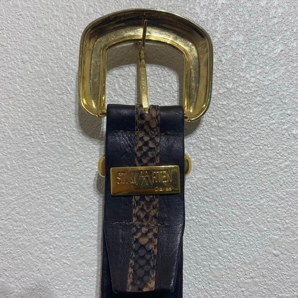 ST MAARTEN Dallas Leather Belt W/Gold Studs & Gold-Tone Lion Head Medallion - Picture 9 of 15